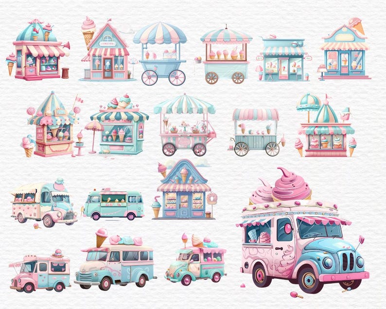 May include: A collection of 15 colorful cartoon illustrations of ice cream shops and trucks. The illustrations feature various designs, including a pink and blue ice cream truck with a large ice cream cone on top, a blue and white ice cream shop with a striped awning, and a pink and white ice cream shop with a heart-shaped sign.