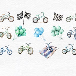 May include: A digital illustration featuring a variety of bicycles, flags and balloons. The bicycles are all blue with black tyres. The flags are black and white chequered. The balloons are blue and green.