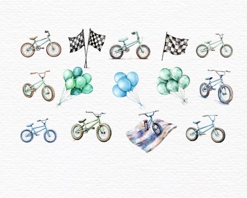 May include: A digital illustration featuring a variety of bicycles, flags and balloons. The bicycles are all blue with black tyres. The flags are black and white chequered. The balloons are blue and green.