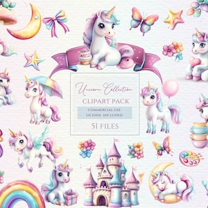Colección de imágenes prediseñadas de unicornio bebé de acuarela, lindo unicornio png, unicornio png, unicornio bebé png, animal mágico, cumpleaños de unicornio, unicornio arcoíris.