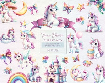 May include: A digital clipart collection featuring white unicorns with pastel manes, a castle, rainbows, butterflies, stars, bows, and flowers. The central text reads: Unicorn Collection, CLIPART PACK, COMMERCIAL USE, LICENSE INCLUDED, 51 FILES.