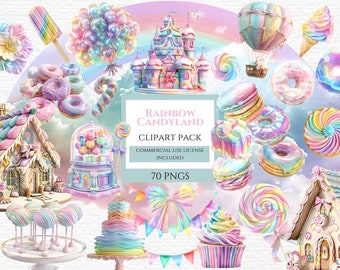 Puede incluir: Un paquete de clipart digital con 70 imágenes PNG coloridas de dulces, golosinas y elementos caprichosos. Las imágenes incluyen un castillo arcoíris, una tienda de dulces, piruletas, cupcakes, donuts y mucho más. Las imágenes son perfectas para crear invitaciones, decoraciones de fiestas y otros proyectos de manualidades.