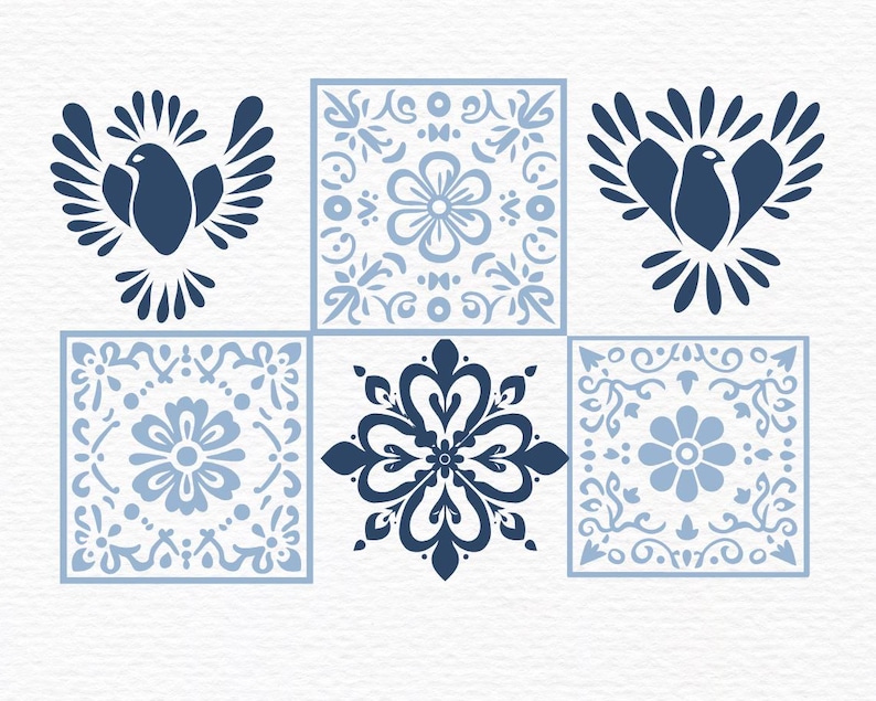 May include: Six blue and white tile designs with floral and bird motifs. The tiles are arranged in a grid pattern.
