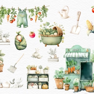 May include: Watercolor illustration of a garden theme with vegetables, gardening tools, and a baby in a leaf wrap. Includes a market stand, carrots, tomatoes, and a baby in a tub. The color palette is soft greens and oranges.