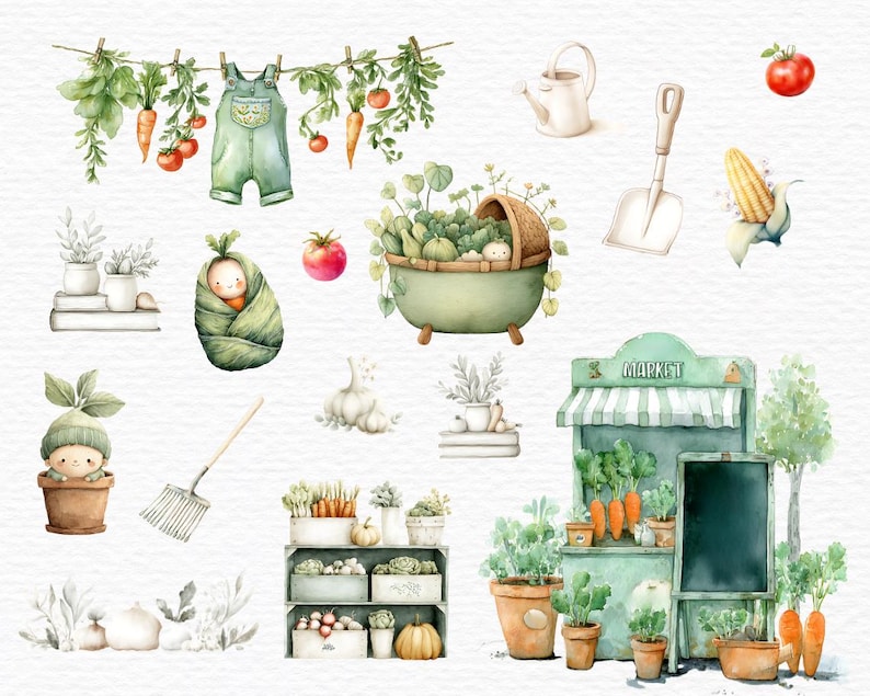 May include: Watercolor illustration of a garden theme with vegetables, gardening tools, and a baby in a leaf wrap. Includes a market stand, carrots, tomatoes, and a baby in a tub. The color palette is soft greens and oranges.