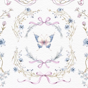 May include: Watercolor illustration featuring floral elements, including blue and pink flowers, branches, and ribbons. A central butterfly with blue and pink wings is surrounded by floral arrangements and bows. The design is delicate and feminine.