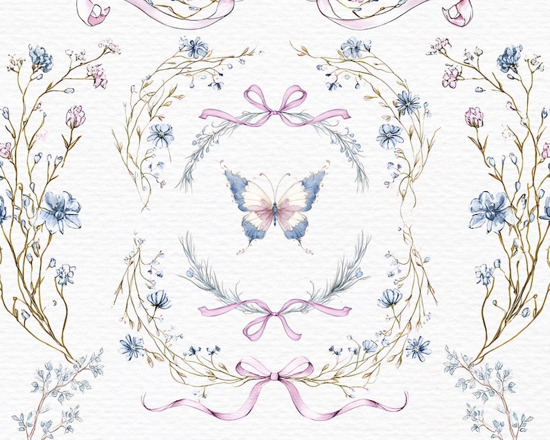 May include: Watercolor illustration featuring floral elements, including blue and pink flowers, branches, and ribbons. A central butterfly with blue and pink wings is surrounded by floral arrangements and bows. The design is delicate and feminine.