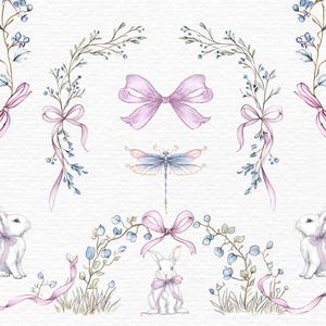 May include: Watercolor illustration featuring elements of spring and Easter. Includes white bunnies with pink bows, floral branches with blue berries, pink ribbons, a dragonfly, and a pink bow. The artwork has a soft, pastel color palette and a delicate, whimsical style.