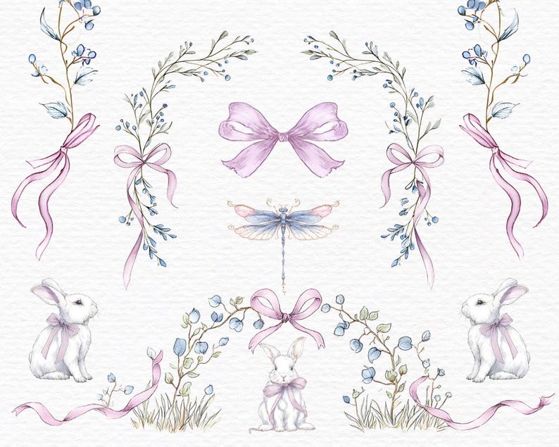 May include: Watercolor illustration featuring elements of spring and Easter. Includes white bunnies with pink bows, floral branches with blue berries, pink ribbons, a dragonfly, and a pink bow. The artwork has a soft, pastel color palette and a delicate, whimsical style.