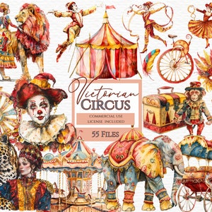 Clipart aquarelle de cirque, cirque victorien, clipart cirque, png vintage, lot de cliparts, scrapbooking, journal indésirable, éphémères de scrapbooking