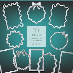 Puede incluir: Una colección de marcos plateados de varias formas, incluyendo diseños ondulados, cuadrados y circulares. Algunos marcos presentan lazos decorativos. La imagen incluye el texto "Luxe Frames" y "20 Files".