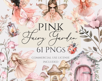 May include: A digital collection of 61 watercolour illustrations titled Pink Fairy Garden, featuring fairies with pink wings, a pink mushroom house, a pink door, ladybugs, a lantern, and floral elements in shades of pink and green.