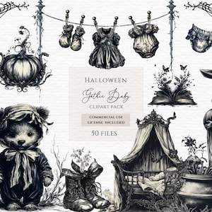 Puede incluir: Paquete de imágenes prediseñadas de Halloween en blanco y negro con un oso de peluche, ropa de bebé, una calabaza, una mujer embarazada, una cuna y otras ilustraciones de estilo gótico. El texto dice "Halloween Gather Baby Clipart Pack".