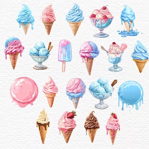 May include: A collection of watercolor illustrations of ice cream cones, popsicles, and sundaes in various colors and flavors. The illustrations are perfect for use in digital scrapbooking, card making, and other creative projects.