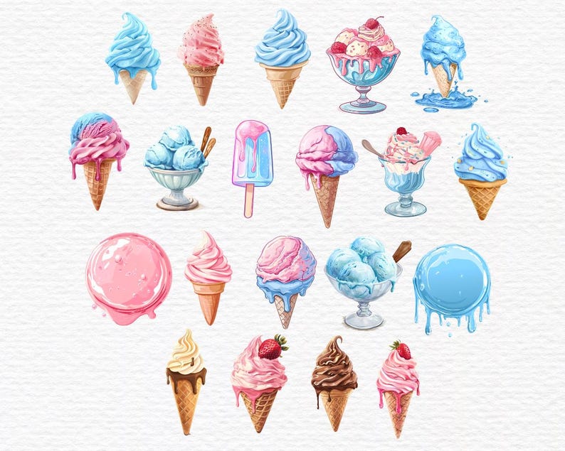 May include: A collection of watercolor illustrations of ice cream cones, popsicles, and sundaes in various colors and flavors. The illustrations are perfect for use in digital scrapbooking, card making, and other creative projects.