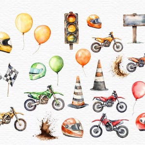 May include: Watercolor illustrations of motocross themed elements, including dirt bikes, helmets, traffic lights, cones, and balloons. The illustrations are painted in a realistic style with vibrant colors.
