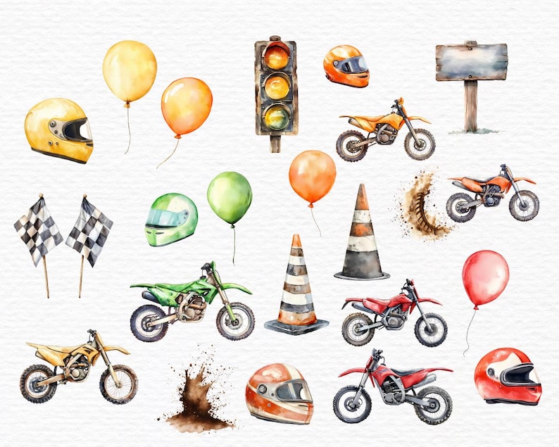 May include: Watercolor illustrations of motocross themed elements, including dirt bikes, helmets, traffic lights, cones, and balloons. The illustrations are painted in a realistic style with vibrant colors.
