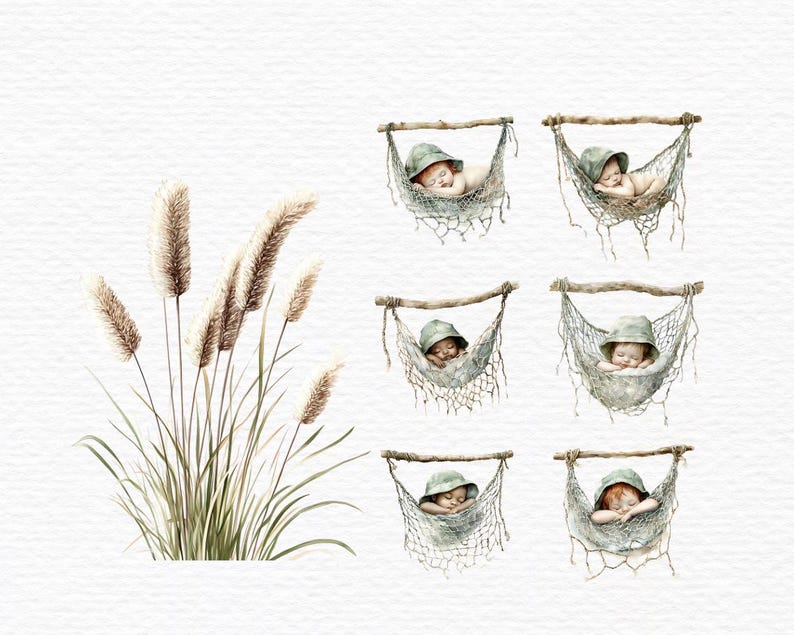 May include: A digital illustration featuring a cluster of tall, feathery beige pampas grass stalks with green stems alongside six separate images of infants wearing green bucket hats, each sleeping in a small, hanging net hammock suspended from a branch.