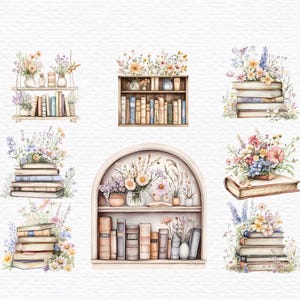Op de afbeelding: Waterverfillustratie van negen verschillende boekenkasten en planken met bloemen en boeken. De boekenkasten zijn in verschillende stijlen, sommige met open planken en sommige met gesloten deuren. De bloemen zijn in verschillende kleuren, waaronder roze, paars en geel. De boeken zijn allemaal in verschillende maten en kleuren.
