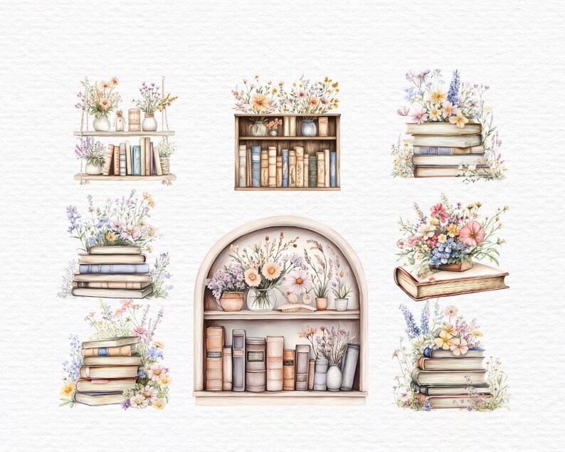 Op de afbeelding: Waterverfillustratie van negen verschillende boekenkasten en planken met bloemen en boeken. De boekenkasten zijn in verschillende stijlen, sommige met open planken en sommige met gesloten deuren. De bloemen zijn in verschillende kleuren, waaronder roze, paars en geel. De boeken zijn allemaal in verschillende maten en kleuren.
