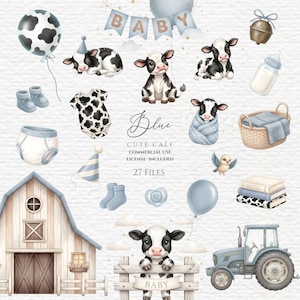 May include: A digital illustration set featuring baby calves, a barn, a tractor, and baby accessories including a cow-print balloon, a baby bottle, a basket, a pacifier, socks, a diaper, and a banner with the text BABY and CUTE CALF.