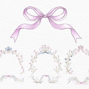 May include: Watercolor illustration of a lavender bow and floral arches. The bow is at the top, with several arches below, each adorned with delicate flowers and ribbons in shades of pink, blue, and green. The artwork has a soft, romantic feel.