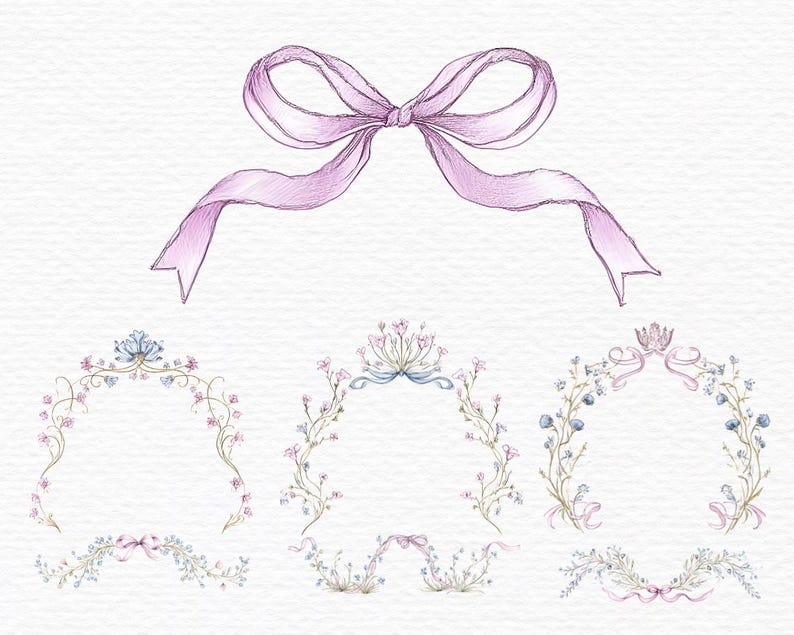May include: Watercolor illustration of a lavender bow and floral arches. The bow is at the top, with several arches below, each adorned with delicate flowers and ribbons in shades of pink, blue, and green. The artwork has a soft, romantic feel.