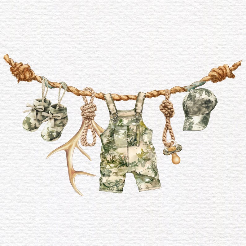May include: A decorative rope garland featuring camouflage-patterned baby overalls, a pair of matching booties, a baseball cap, a pacifier, and a deer antler. The items are suspended from a thick, twisted brown rope with knotted ends.
