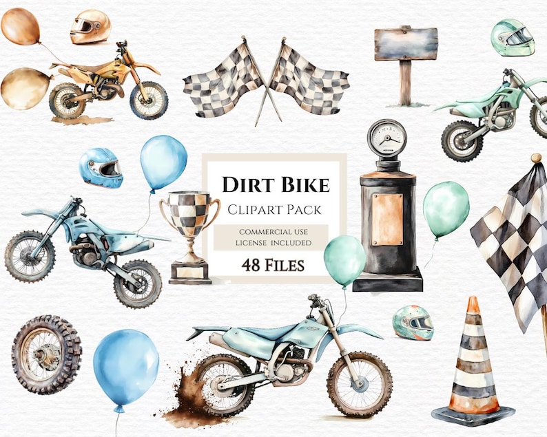 May include: Watercolor clipart pack of dirt bikes, checkered flags, helmets, gas cans, and other motocross accessories.  The clipart pack includes 48 files and is for commercial use.
