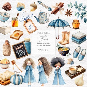 May include: Watercolor illustration with elements related to cold and flu season. Includes a teapot, umbrella, soup bowl, boots, and figures in blue coats. Text reads "COLD & FLU Times" and "Soup of the Day".