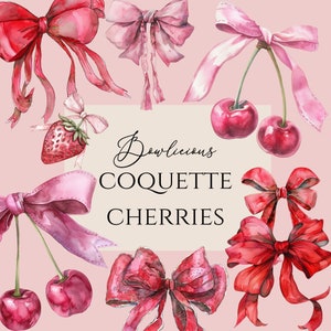 Puede incluir: Ilustraci&oacute;n de acuarela de lazos rojos y rosados con cerezas y el texto "Bowlicious Coquette Cherries".