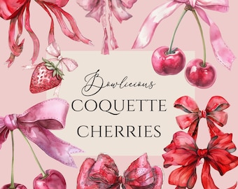 Imágenes PNG de lazos de cereza: Paquete de imágenes prediseñadas de coqueta rosa (uso comercial)
