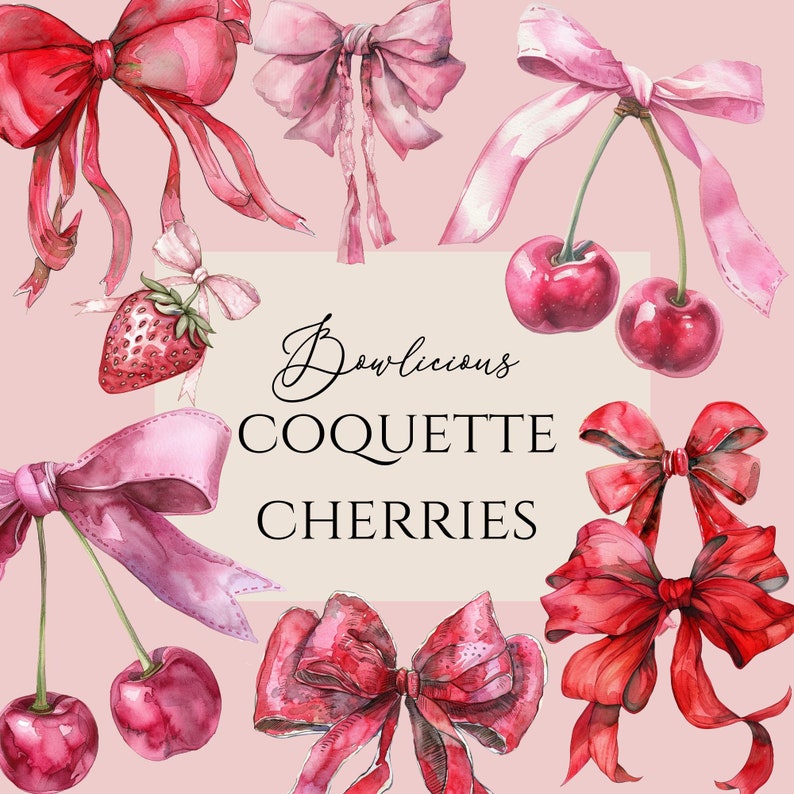 Puede incluir: Ilustraci&oacute;n de acuarela de lazos rojos y rosados con cerezas y el texto "Bowlicious Coquette Cherries".