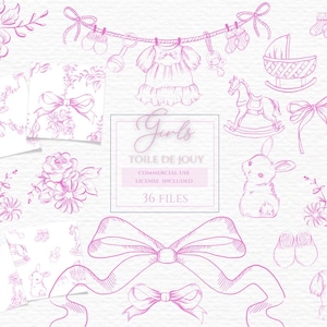 Toile de Jouy, Babyparty Clipart, Rosa Toile Clipart, Chinoiserie Clipart, Mädchen 1.