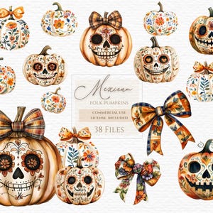 Volkskunst Herbst Clipart, Mexikanischer Kürbis, Tag der Toten, Floraler Kürbis, Herbst Clipart, Herbst Dekoration, Kulturelle Kunst, Kommerzielle Clipart.