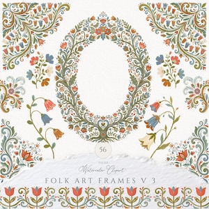 Könnte beinhalten: Eine digitale Sammlung von 56 Aquarell-Clipart-Dateien mit Volkskunst-Rahmen, Blumenmotiven und Vogelillustrationen in gedämpften Rot-, Blau-, Grün- und Cremetönen. Der Text lautet 56 FILES Watercolor Clipart FOLK ART FRAMES V 3.