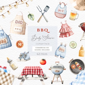 May include: Watercolor clipart pack with a BBQ and baby shower theme. Includes aprons, a bib, a dress, overalls, a grill, a picnic table, and other related items. The text on the image says "BBQ Baby Shower Clipart Pack".