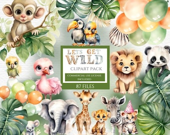 Puede incluir: Una colección de imágenes prediseñadas digitales con ilustraciones en acuarela de un mono, tucán, loro, león, panda, elefante, jirafa, leopardo, cebra y koala, rodeados de hojas tropicales y globos, con el texto LETS GET WILD.