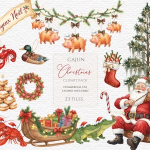 May include: Watercolor clipart pack with a Cajun Christmas theme. Includes illustrations of Santa playing the violin, pigs in chef hats, a sleigh filled with gifts, crawfish, a duck, and a Christmas tree. The text says "Joyeux No&euml;l" and "Cajun Christmas".