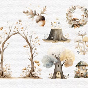 May include: Watercolor illustrations of woodland elements, including an acorn, a tree arch, a wreath, mushrooms, a tree stump, a tree with a house, and a mushroom house. The color palette is soft, featuring browns, tans, and muted greens.