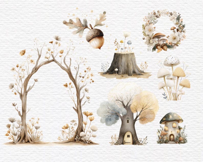 May include: Watercolor illustrations of woodland elements, including an acorn, a tree arch, a wreath, mushrooms, a tree stump, a tree with a house, and a mushroom house. The color palette is soft, featuring browns, tans, and muted greens.