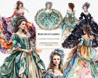 Clipart di donne rococò, donne vittoriane, clipart di diari di scarto, moda vittoriana, donne in abiti vintage, clipart di boudoir, uso commerciale