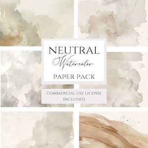 May include: A set of four neutral watercolor paper backgrounds. The backgrounds are in shades of beige, brown, and white. The text "NEUTRAL Watercolor PAPER PACK COMMERCIAL USE LICENSE INCLUDED" is displayed on a white rectangle in the center of the image.