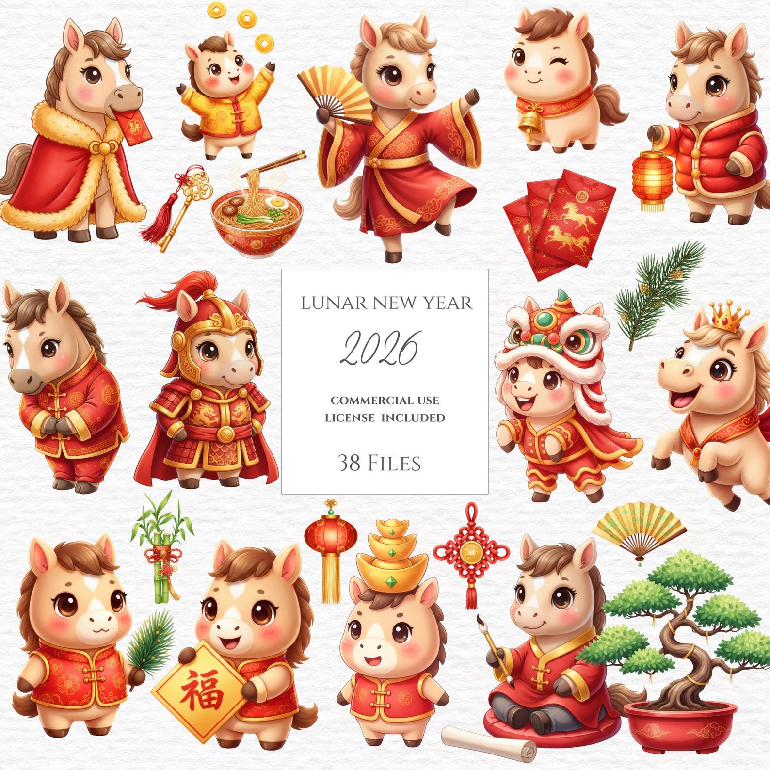 Cute Lunar New Year 2026 Horse Clipart, Year of the Horse PNG, Kawaii ...