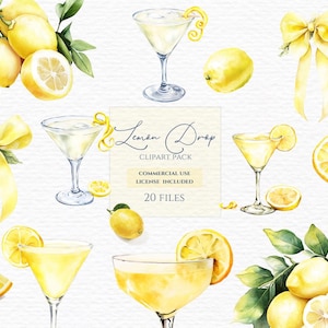 Clipart di Lemon Drop, Cocktail acquerellati, Lemon Drop Martini, Clipart di Cocktail, Clipart acquerellati, Clipart di Alcolici, Cocktail Speciali.