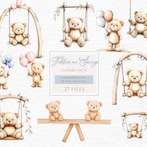 Bambino acquerello, orso su un'altalena, clipart orsetto, clipart acquerello, baby shower compleanno, clipart orsetto, clipart asilo nido, orsetto di peluche.