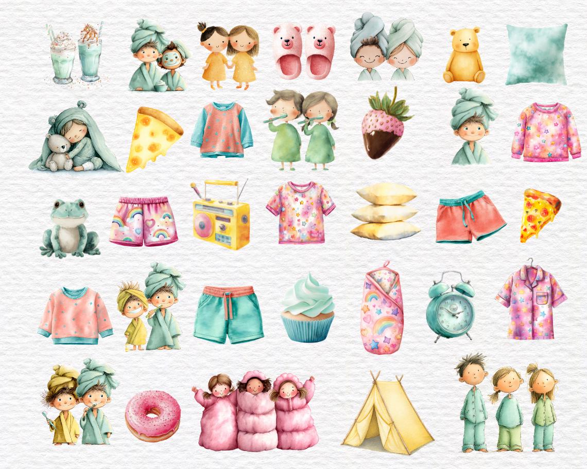 Slumber Party Clipart Bundle, Sleepover Birthday Watercolor Clipart ...