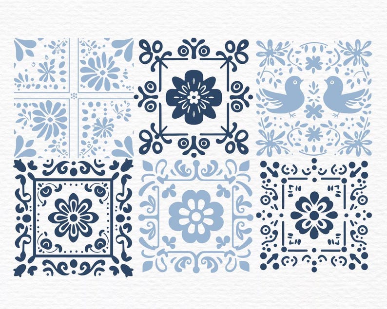 May include: Six blue and white patterned tiles with floral and bird designs. The tiles are arranged in a 2x3 grid.