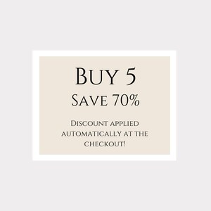 May include: A rectangular graphic with a cream-colored background and black text. The text reads "BUY 5 SAVE 70%" followed by "DISCOUNT APPLIED AUTOMATICALLY AT THE CHECKOUT!"