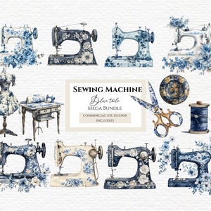 Floral sewing machine clipart. Blue toile sewing machine png. Learn more in description below.